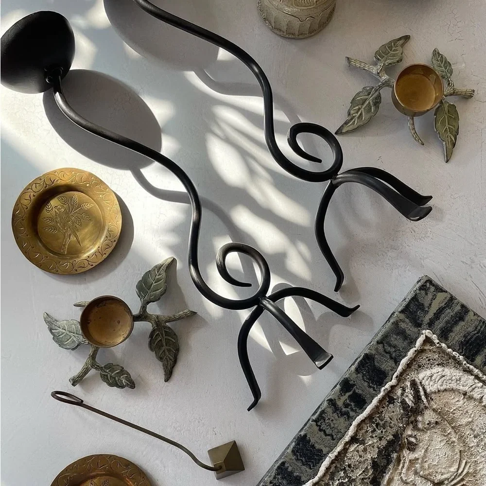 Vintage Black Metal Wrought Iron Scroll Spiral Candle Holders